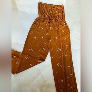 Gilli mustard yellow / orange feather print jumpsuit strapless romper